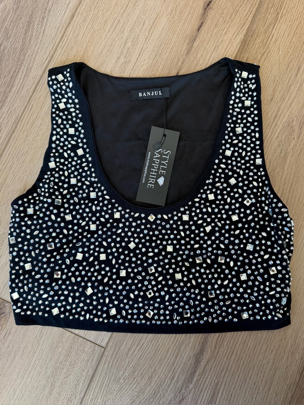 Banjul Black Studded Crystal Crop Tank